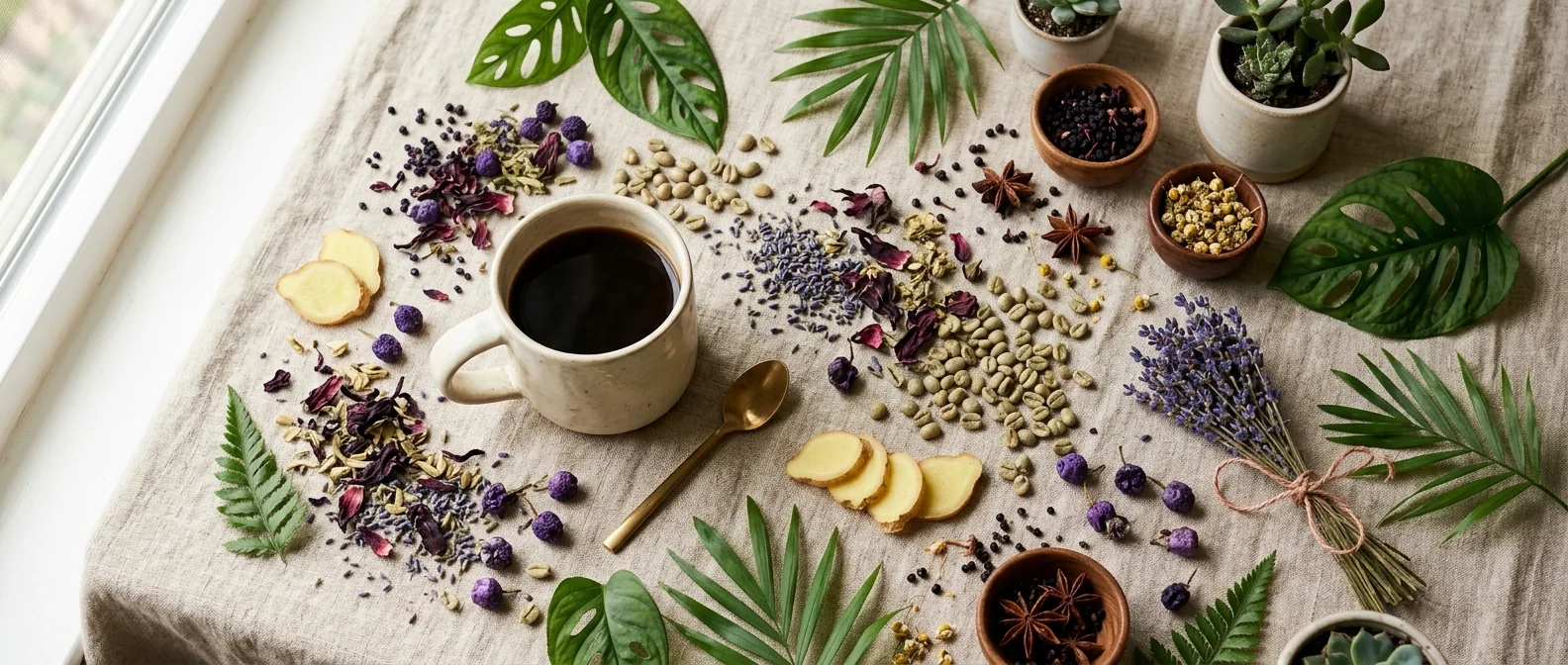 Morning wellness flat-lay with coffee and botanicals